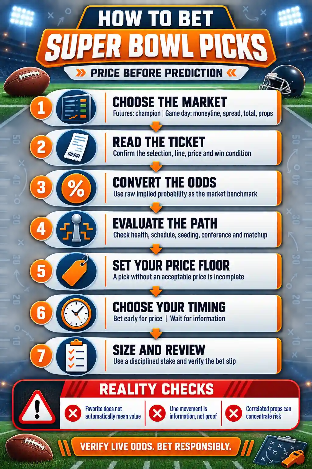 How to bet Super Bowl picks using a seven-step price-first framework for evaluating markets, odds, probability, timing and risk