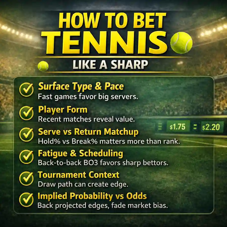 Infographic explaining how to bet tennis by analyzing surface type, player form, serve versus return matchup, fatigue, tournament context, and implied probability versus betting odds.