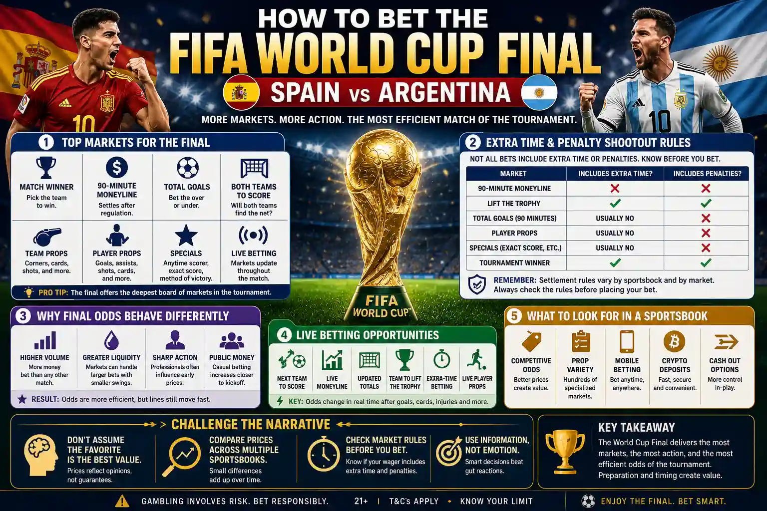 Spain vs Argentina FIFA World Cup Final betting infographic explaining top markets, extra time rules, live betting, odds movement, and sportsbook features