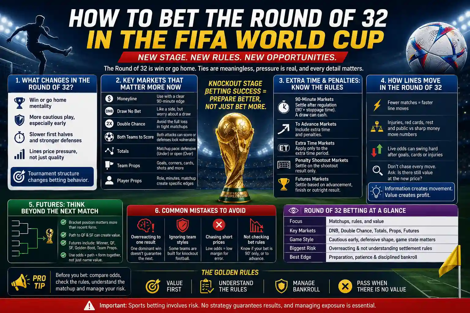 Infographic explaining FIFA World Cup Round of 32 betting rules, key markets, extra time, penalties, futures, line movement, and common mistakes