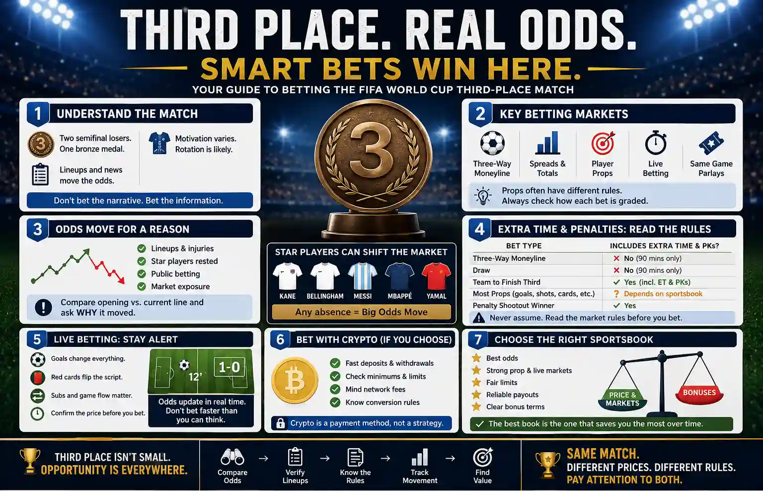 FIFA World Cup third-place match betting infographic covering lineup rotation, odds movement, regulation-time rules, extra time, penalties, live betting, cryptocurrency payments, and sportsbook comparison