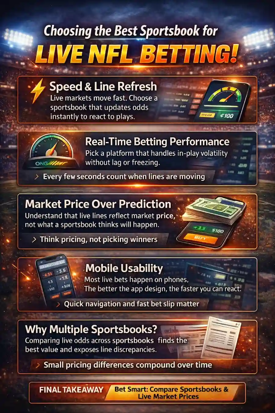 How to Choose the Best Sportsbook for Live NFL Betting infographic showing speed, line refresh, market price vs prediction, line movement, mobile usability, and comparing sportsbooks for in-play NFL betting