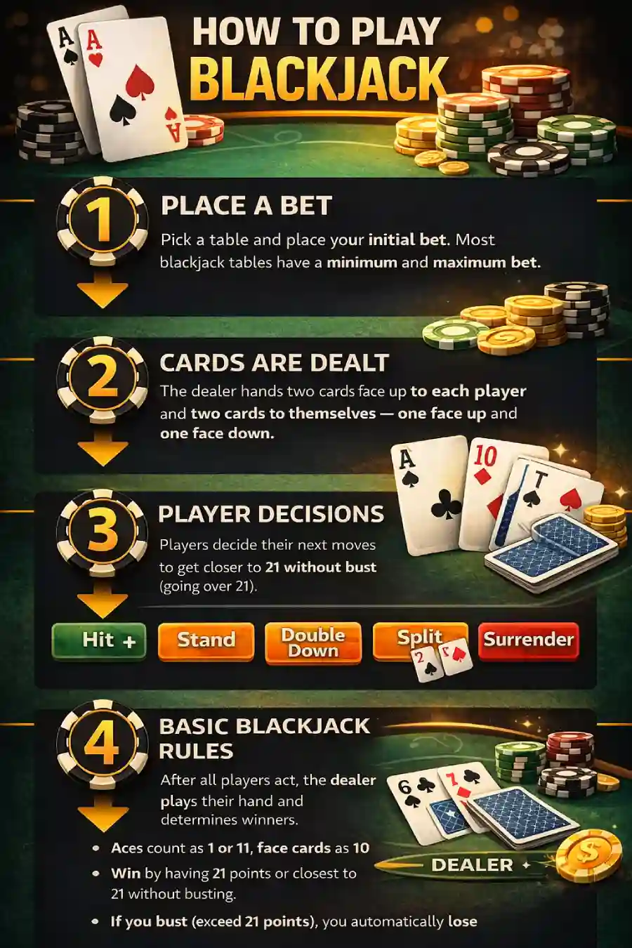 Infographic: How to play blackjack — place a bet, cards are dealt, player decisions (hit, stand, double down, split, surrender), and basic blackjack rules.