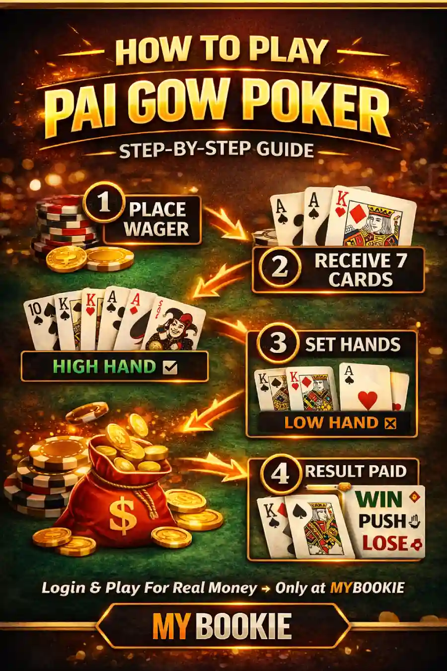 How to Play Pai Gow Poker infographic — step-by-step flow: place wager, receive 7 cards, set high and low hands, dealer compares and result is paid (win, push, or lose) — MyBookie style