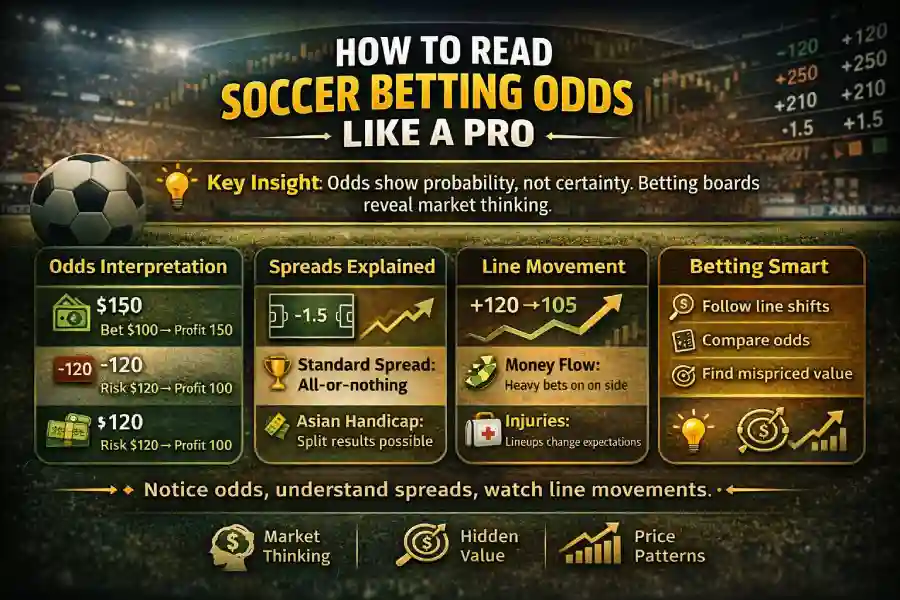 Infographic explaining how to read soccer betting boards, including odds interpretation, spreads, line movement, and smarter betting decisions.