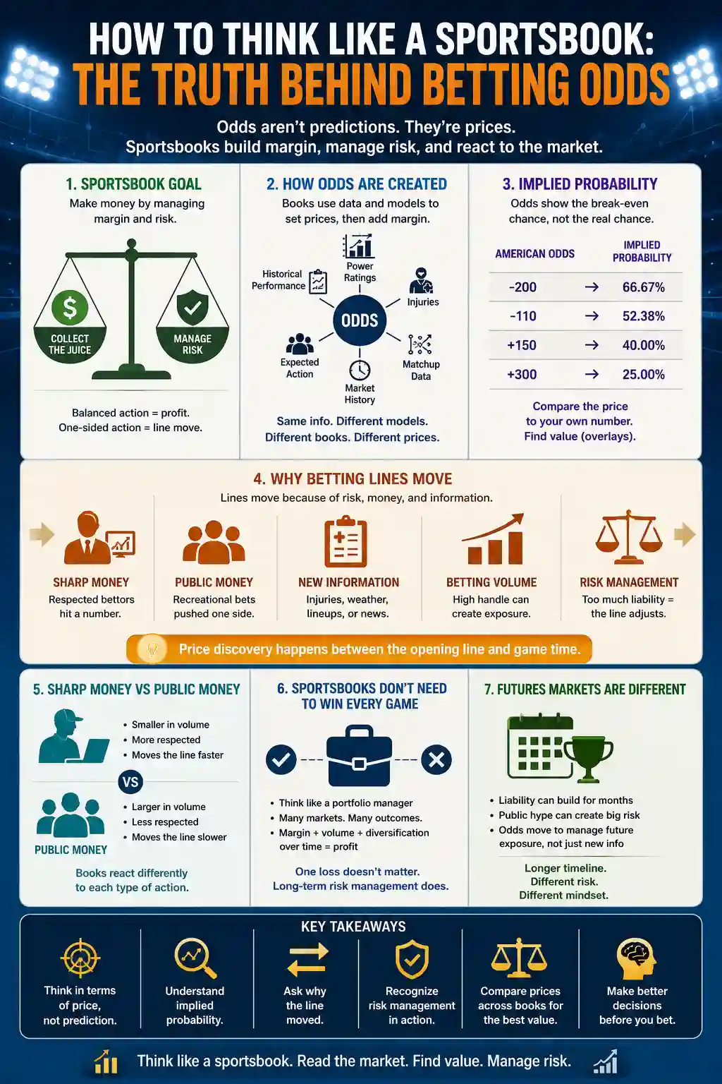 Infographic explaining how sportsbooks price betting odds, manage risk, move lines, and use implied probability