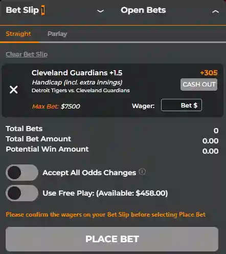 MyBookie bet slip showing betting selections, odds, stake fields and potential winnings