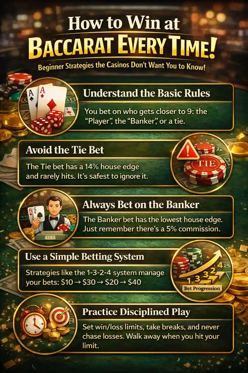 How to win at baccarat infographic showing beginner strategies, banker vs tie bets, house edge comparison, betting systems, and bankroll management
