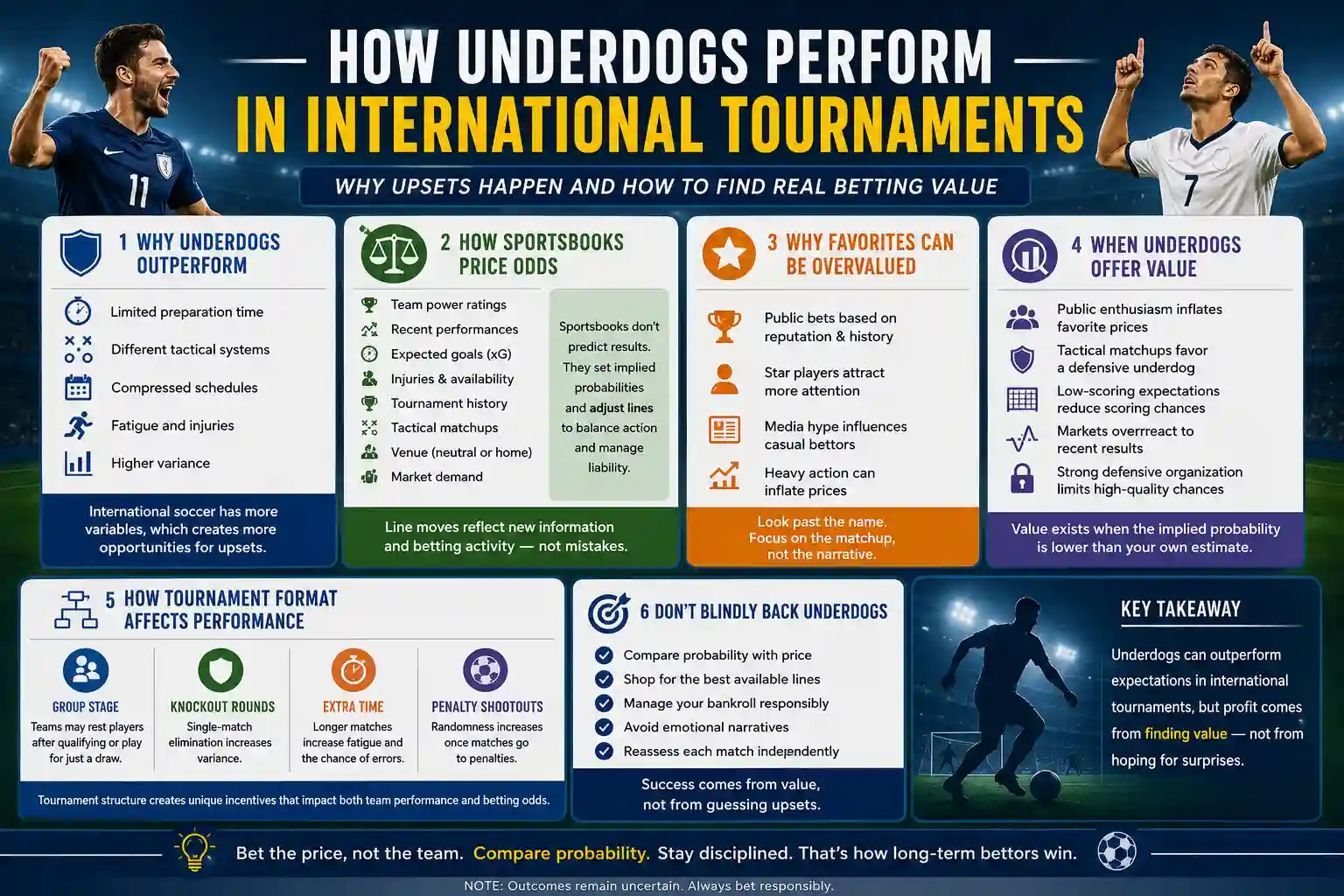 Infographic explaining why international soccer underdogs outperform expectations, how sportsbooks price odds, and when underdogs offer betting value