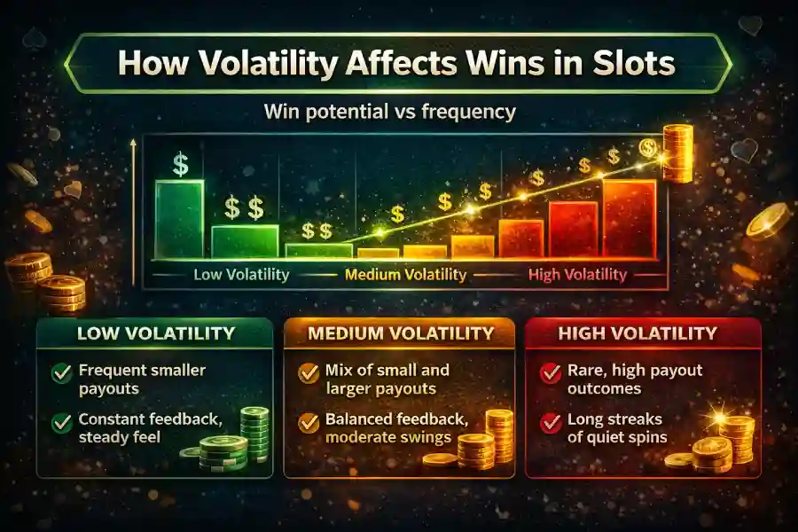 Infographic showing how volatility affects wins in slots by comparing low, medium, and high volatility payout frequency and win potential.