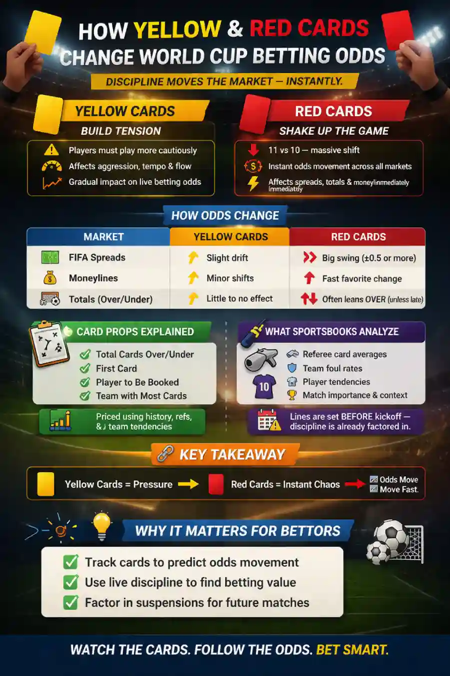 Infographic showing how yellow and red cards affect World Cup betting odds, including live odds movement, red card repricing, card props, sportsbook line setting, referee impact, and totals changes.