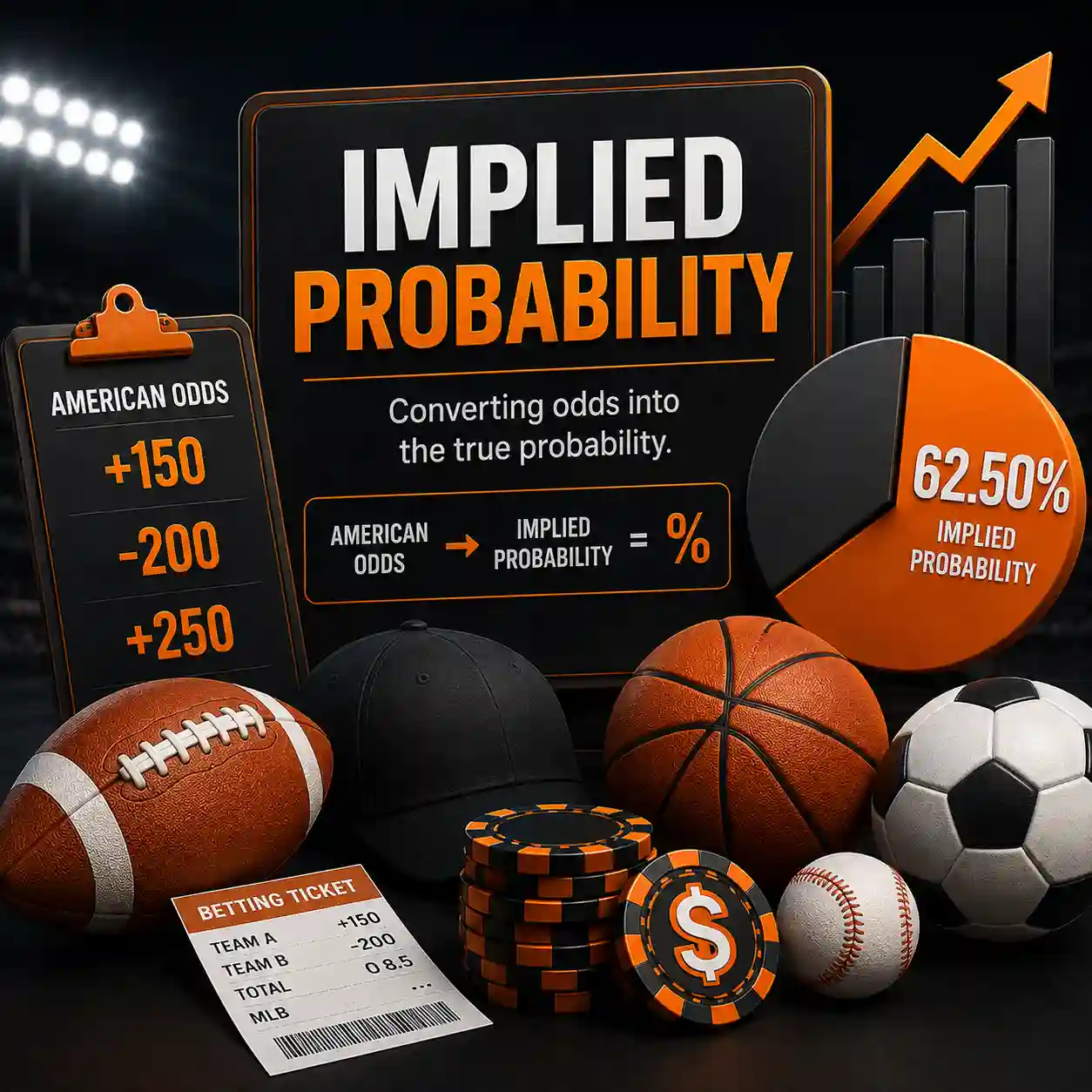Implied Probability Calculator converting sportsbook odds into percentage probabilities for sports betting analysis and value betting.