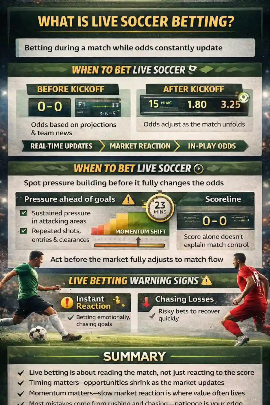 Infographic explaining live soccer betting strategy, including timing, momentum shifts, market reaction, warning signs, and summary tips for in-play odds.