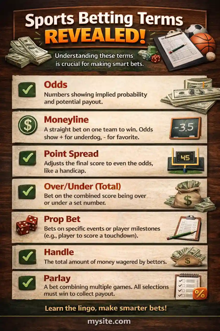 Sports betting terms infographic showing odds, moneyline, point spread, totals, prop bets, handle, and parlays explained