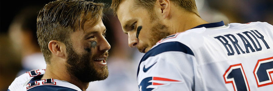 Julian Edelman and Tom Brady, wide receiver and quarterback, respectively, of the New England Patriots.
