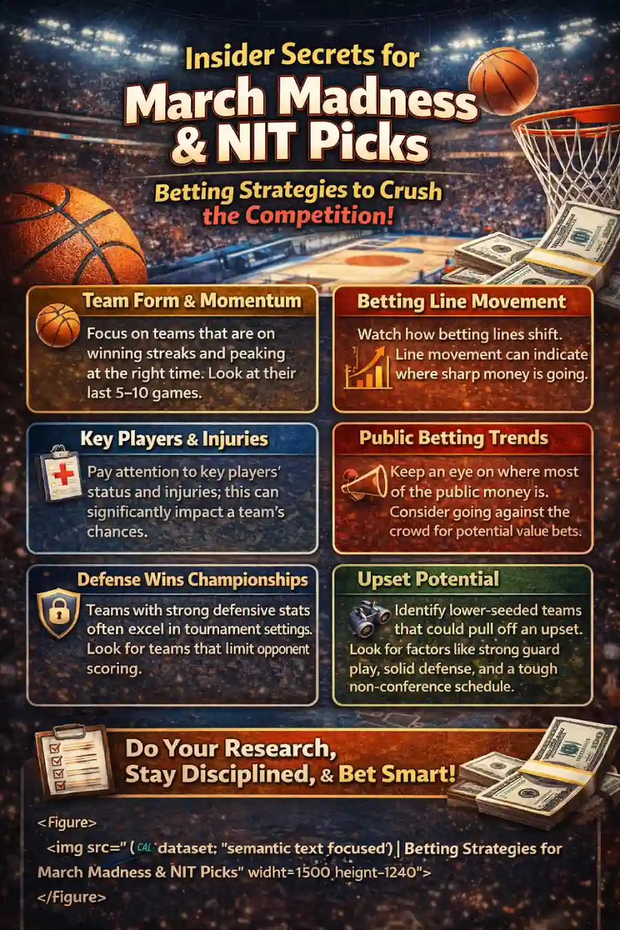 Infographic showing evergreen college basketball betting factors for March Madness and NIT picks, including pace, efficiency, line movement, injuries, matchups, and value assessment.