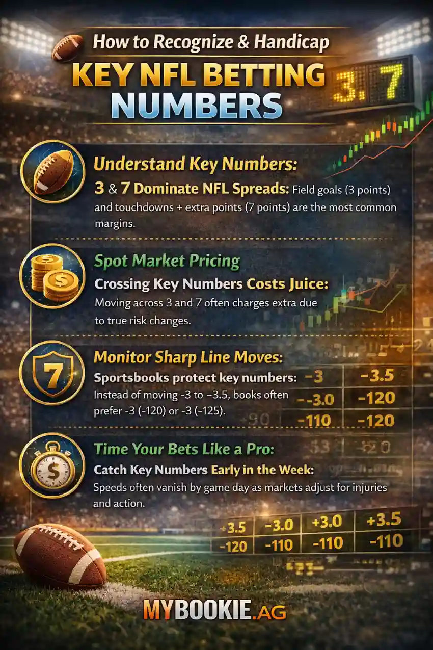 Infographic on key NFL betting numbers explaining why 3 and 7 matter, how sportsbooks price juice around key numbers, how to read line moves, and when to bet for better odds