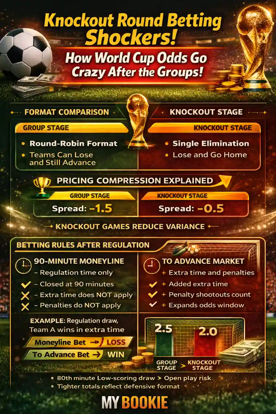 Infographic showing how World Cup odds change after the group stage, including pricing compression, tighter spreads, lower totals, extra time grading rules, and moneyline vs to advance differences in knockout betting.
