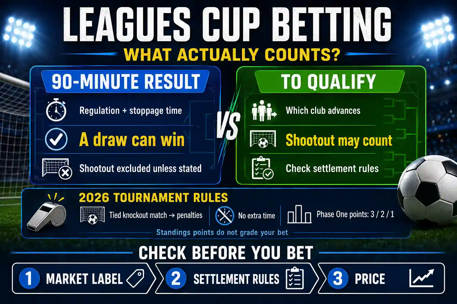 Leagues Cup betting infographic comparing 90-minute result bets with qualification bets and explaining the 2026 penalty shootout rules