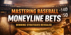 Baseball moneyline betting guide with odds board, player silhouette, and winning strategy concept