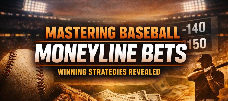 Baseball moneyline betting guide with odds board, player silhouette, and winning strategy concept