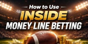 Inside money line betting strategy banner with football, cash, and odds concept in a stadium