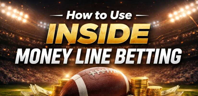 Inside money line betting strategy banner with football, cash, and odds concept in a stadium