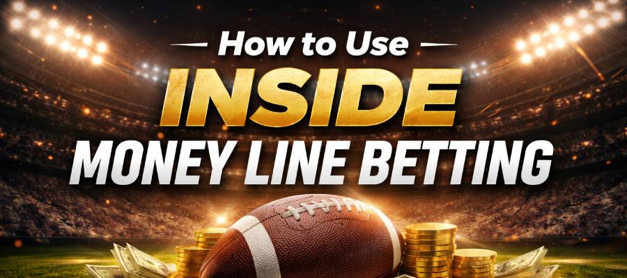 Inside money line betting strategy banner with football, cash, and odds concept in a stadium