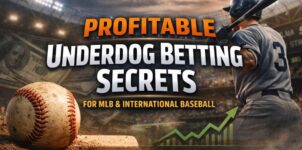 Profitable MLB and international baseball underdog betting strategies banner with player, baseball, and odds graphics
