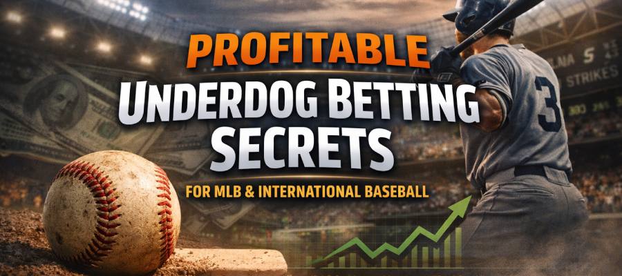 Profitable MLB and international baseball underdog betting strategies banner with player, baseball, and odds graphics