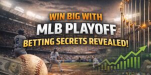 MLB playoff betting strategies banner with baseball, trophy, and rising odds graph highlighting winning betting systems