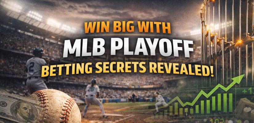 MLB playoff betting strategies banner with baseball, trophy, and rising odds graph highlighting winning betting systems
