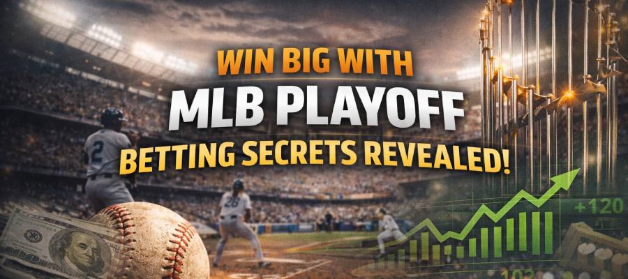 MLB playoff betting strategies banner with baseball, trophy, and rising odds graph highlighting winning betting systems