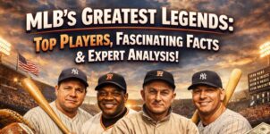 MLB greatest players banner featuring Babe Ruth, Willie Mays, Ty Cobb and Mickey Mantle with headline about top players, facts and analysis