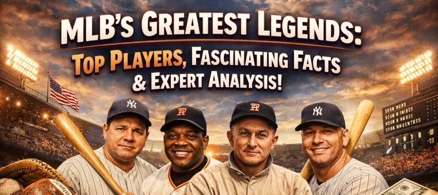 MLB greatest players banner featuring Babe Ruth, Willie Mays, Ty Cobb and Mickey Mantle with headline about top players, facts and analysis
