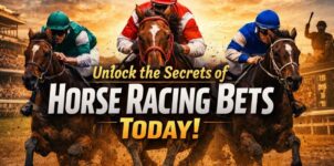 Horse racing betting guide banner with jockeys racing and headline about horse racing bets explained