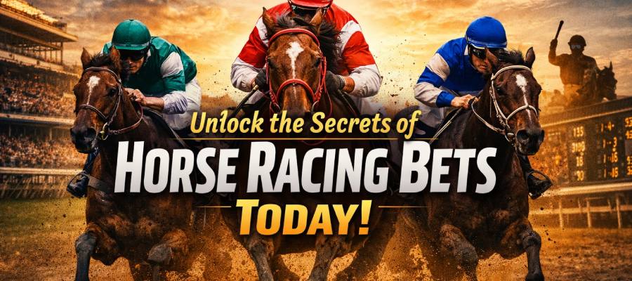 Horse racing betting guide banner with jockeys racing and headline about horse racing bets explained