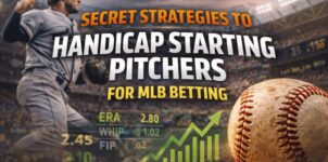 MLB starting pitcher handicapping strategies banner with pitcher, baseball, and ERA WHIP FIP stats visualization