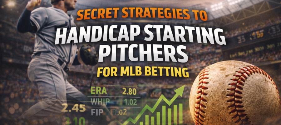 MLB starting pitcher handicapping strategies banner with pitcher, baseball, and ERA WHIP FIP stats visualization