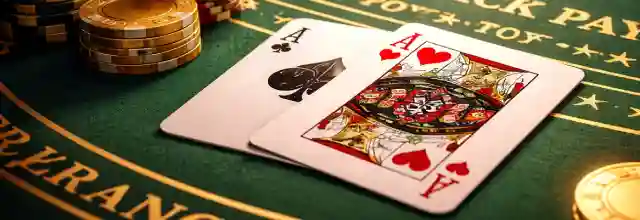 Blackjack table with cards and chips showing gameplay setup