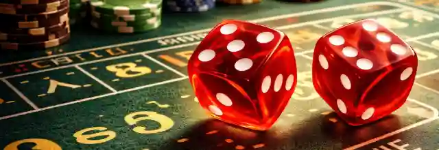 Craps table with dice and betting layout in a casino setting