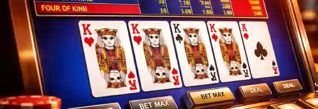 Video poker machine interface showing cards and digital gameplay