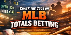 MLB totals betting strategy graphic showing over under odds scoreboard baseball bat and ball