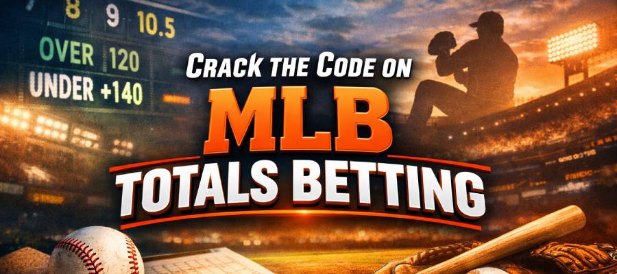 MLB totals betting strategy graphic showing over under odds scoreboard baseball bat and ball