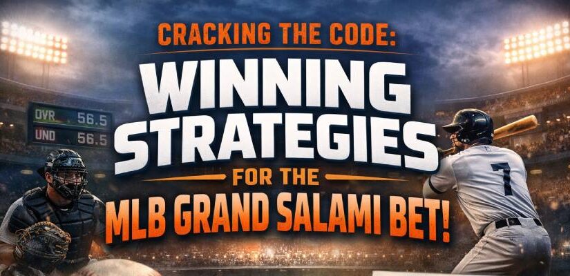 MLB Grand Salami betting strategy graphic showing baseball players, scoreboard totals, and betting elements with headline about winning strategies
