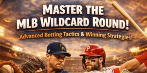 MLB Wildcard Round betting strategy banner featuring pitcher vs batter matchup with headline about mastering wildcard betting tactics