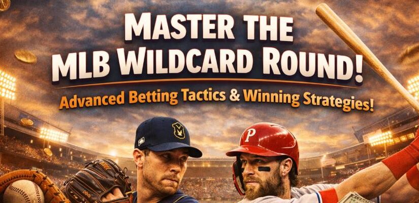 MLB Wildcard Round betting strategy banner featuring pitcher vs batter matchup with headline about mastering wildcard betting tactics