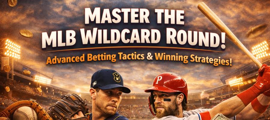 MLB Wildcard Round betting strategy banner featuring pitcher vs batter matchup with headline about mastering wildcard betting tactics