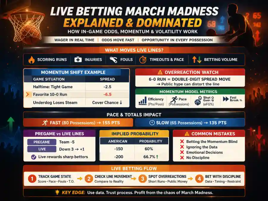 Live betting March Madness explained infographic showing how in-game odds, momentum, volatility, pace, implied probability, and line movement work during NCAA Tournament games.