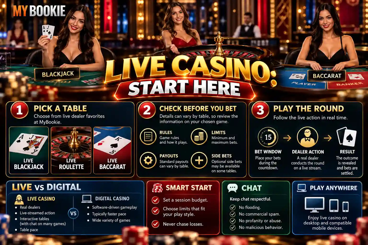 Live casino infographic explaining how to choose a live dealer table, check rules and betting limits, play a round, manage a bankroll, and follow casino chat rules
